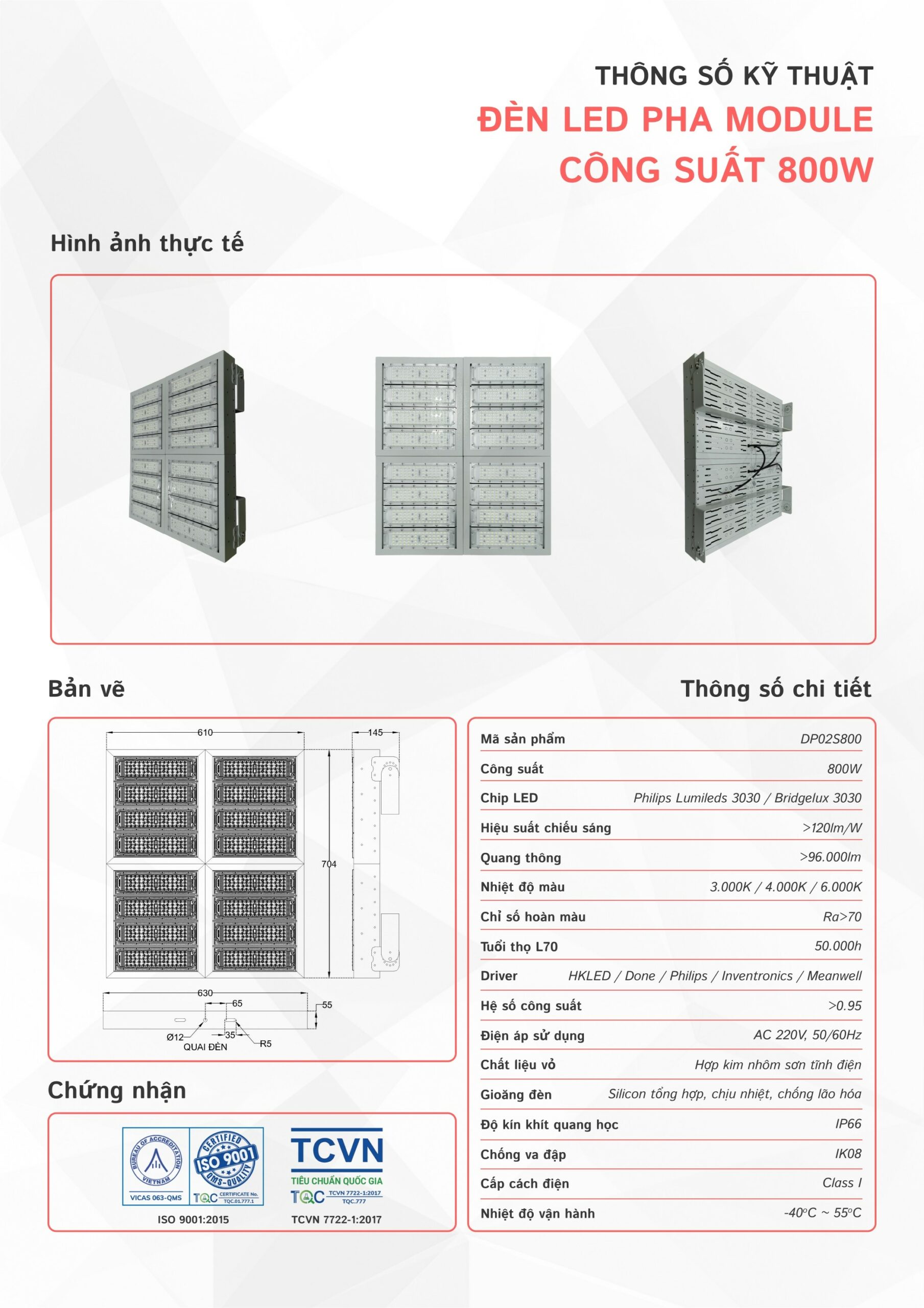 THÔNG SỐ KỸ THUẬT ĐÈN LED SÂN PICKLEBALL 800W