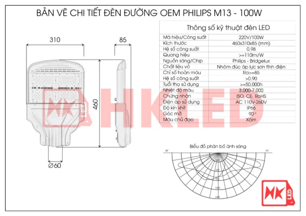 Thông số đèn led đường cao tốc 100w D13