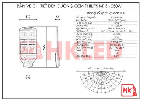 Thông số đèn LED đường cao tốc 250w D13