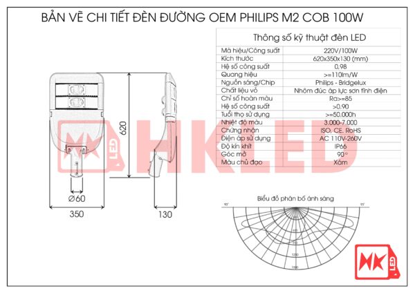 Thông Số Đèn Đường LED 100w D02 Chip LED COB